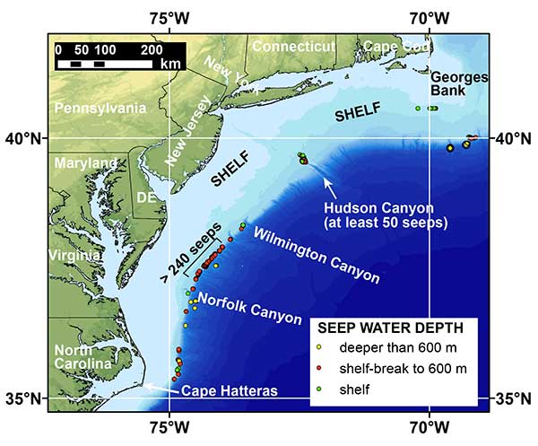 Map of the northern US Atlantic margin showing the locations of recently discovered methane seeps mapped by researchers from Mississippi State University, the US Geological Survey, and other partners.