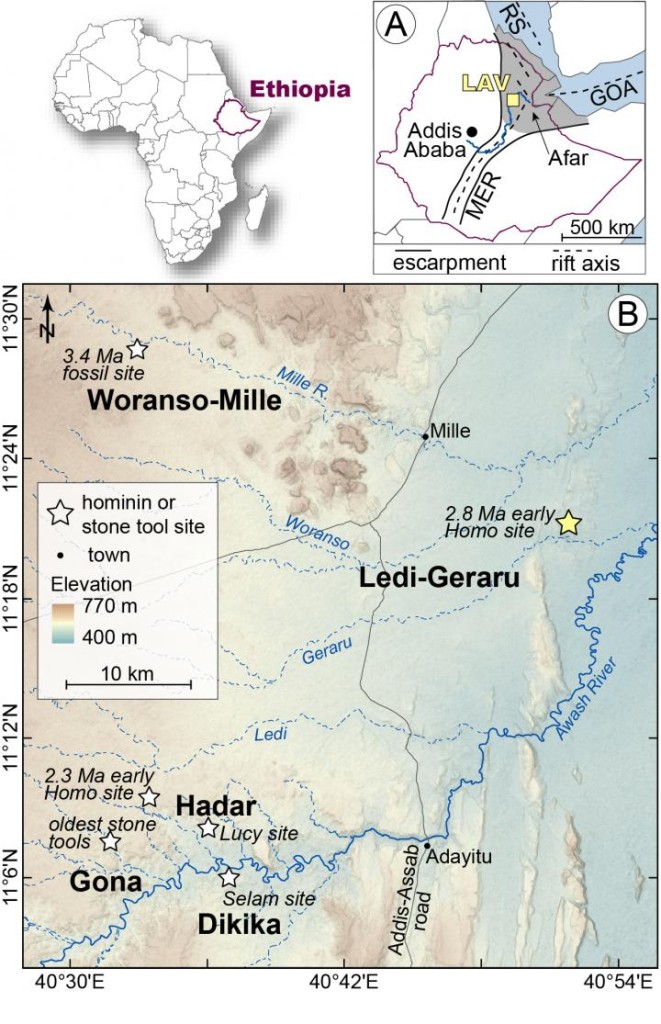 Human evolution: This map shows where the Ledi-Geraru site is located in reference to other fossil sites in Ethiopia (Erin DiMaggio)