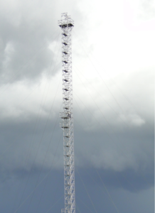 Looking up at one of the 80 meter towers already in place at the ATTO site in the Amazon (Photo courtesy of the MPI for Chemistry)