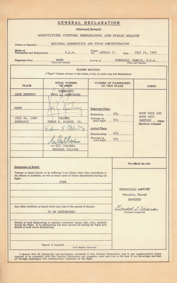 A copy of the U.S. Customs form filled out by Apollo 11 astronauts Neil Armstrong, Buzz Aldrin and Michael Collins after their return to Earth on July 24, 1969. (Courtesy of NASA/U.S. Customs and Border Patrol)