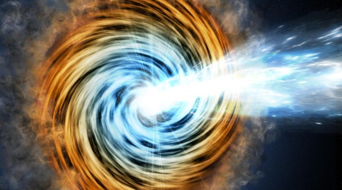 This artist's conception shows a blazar -- the core of an active galaxy powered by a supermassive black hole. The VERITAS array has detected gamma rays from a blazar known as PKS 1441+25. Researchers found that the source of the gamma rays was within the relativistic jet but surprisingly far from the galaxy's black hole. The emitting region is about five light-years away. Courtesy of M. Weiss/CfA