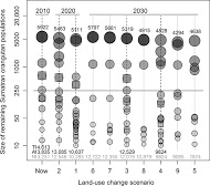 Orangutan populations may decline from 14,600 (2015) to as few as 7,874 in 2030, depending on land-usage scenarios.