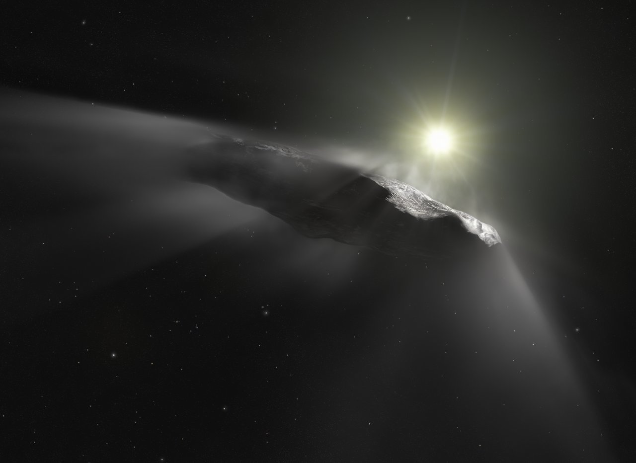 This artist’s impression shows the first interstellar object discovered in the Solar System, `Oumuamua. Observations made with the NASA/ESA Hubble Space Telescope and others show that the object is moving faster than predicted while leaving the Solar System. Researchers assume that venting material from its surface due to solar heating is responsible for this behaviour. This outgassing can be seen in this artist’s impression as a subtle cloud being ejected from the side of the object facing the Sun. As outgassing is a behaviour typical for comets, the team thinks that `Oumuamua’s previous classification as an interstellar asteroid has to be corrected.