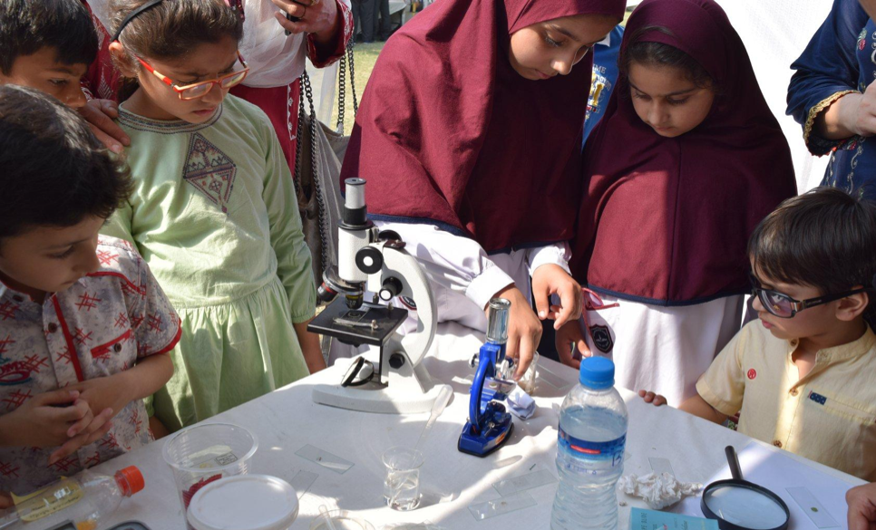 Students at the Science Mela community event in Lahore, Pakistan in South Asia. Photo courtesy of IDRACK