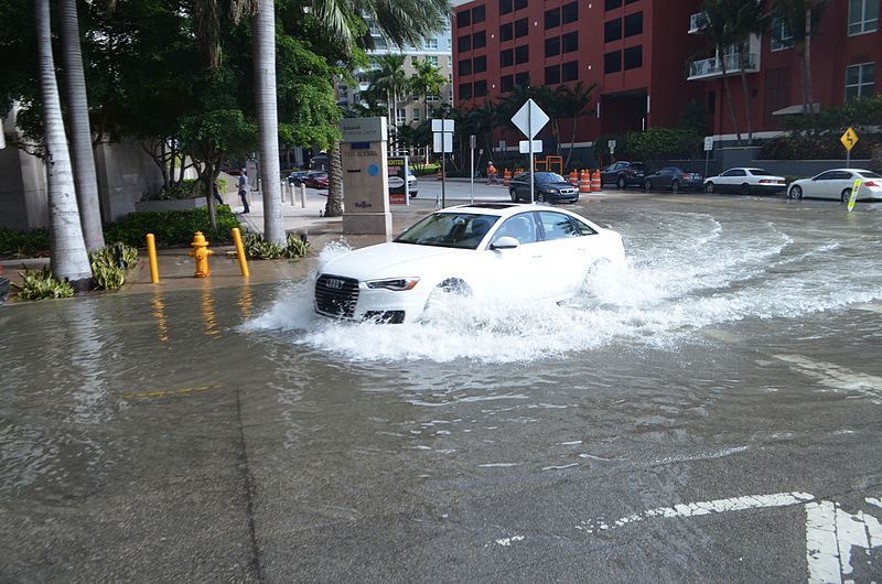 Sunny day high tide nuisance flooding in downtown Miami, Florida. Source: Wikimedia.