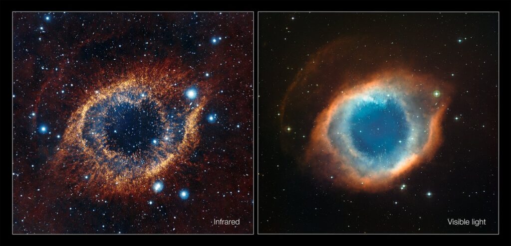Where do heavy elements come from? Two photographs of the Helix Nebula (NGC 7293). The left image was made at infrared wavelengths while the right image was made using visible light. "The blue-green glow in the centre of the Helix comes from oxygen atoms shining under effects of the intense ultraviolet radiation of the 120 000 degree Celsius central star and the hot gas. Further out from the star and beyond the ring of knots, the red colour from hydrogen and nitrogen is more prominent." Credit:ESO