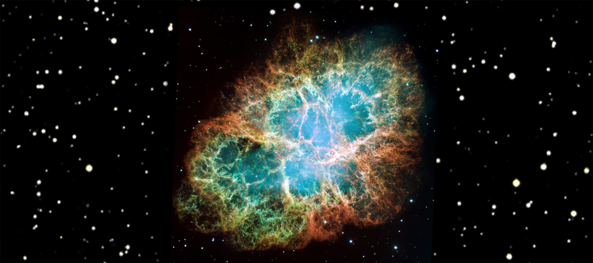 Where do heavy elements come from? The Crab-Nebula (M1), a six light-year-wide remnant of a supernova recorded in 1054 A.D. This image was assembled from 24 Wide Field and Planetary Camera exposures take in October 1999, January 2000, and December 2000. Blue in the filaments represents neutral oxygen, green is singly-ionized sulfer, and red is double-ionized oxygen. Image credits: NASA, ESA J. Hester and A. Loll (Arizona State University), W. Blair and R. Sankrit (Johns Hopkins University), and P.Scowen (Arizona State University). D. de Martin (www.skyfactory.org, Venice, Italy) also helped in the creation of this image.