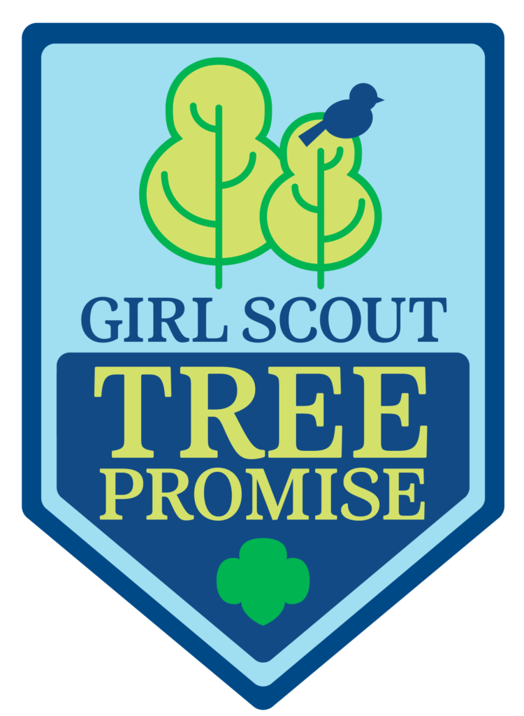 The Girl Scout Tree Promise patch with two green trees on a light blue background and a bird in one of the trees.