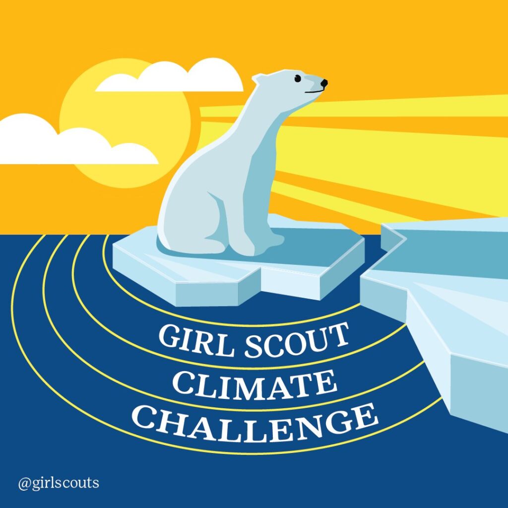 Girl Scout Climate Challenge graphic depicting a polar bear on a broken piece of ice about to float away.