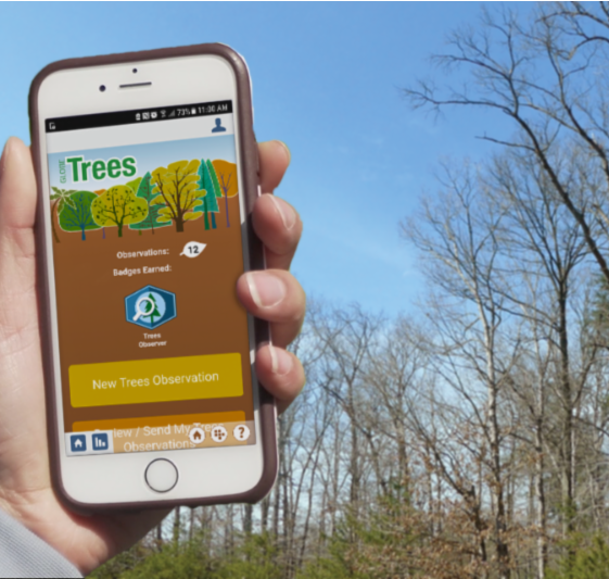 A hand holds a cell phone outside with trees in the background. The cell phone is displaying the NASA GLOBE Observer: Trees app.