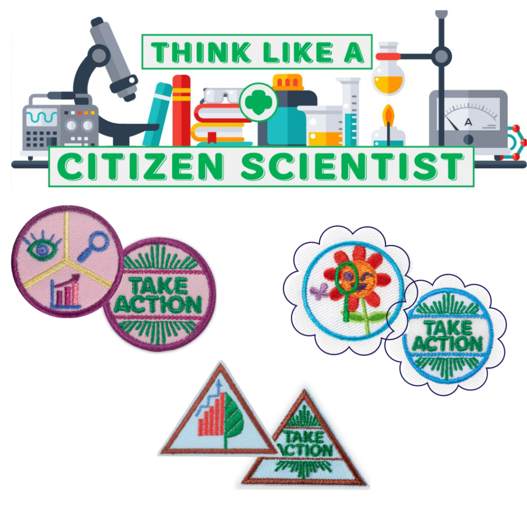 Graphic showing various scientific tools and the slogans "think like a citizen scientist" and "take action."