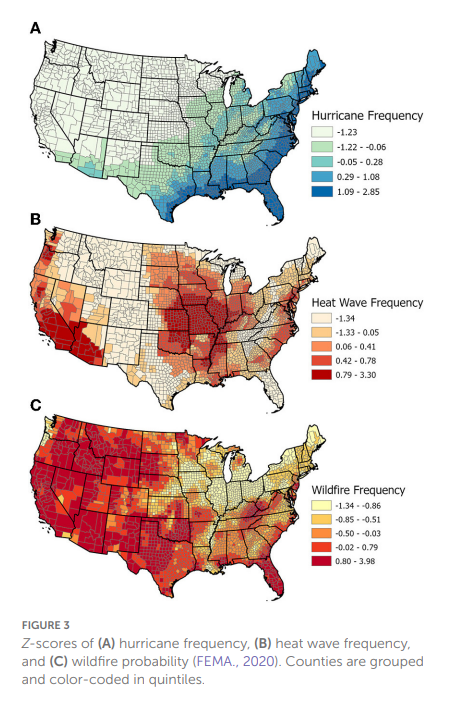 Set of three maps of the USA showing hurricane frequency, heat wave frequency, and wildfire frequency. Credit: Clark et al.