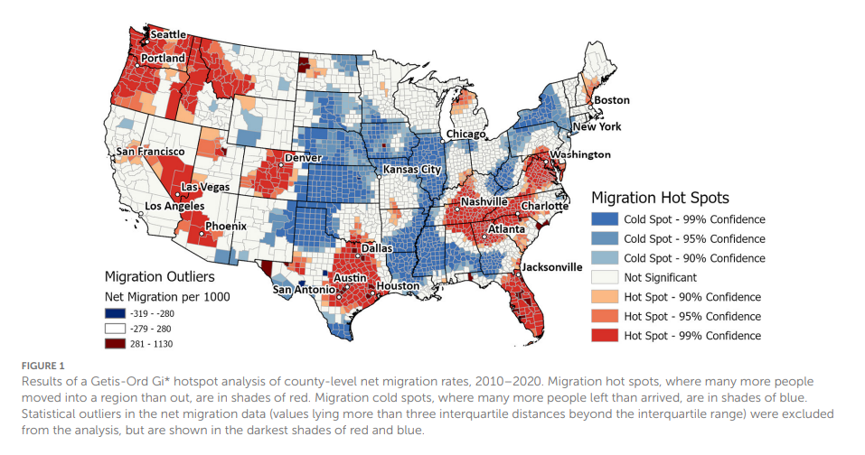 Map of USA showing migration hot spots and cold spots. Credit: Clark et al.