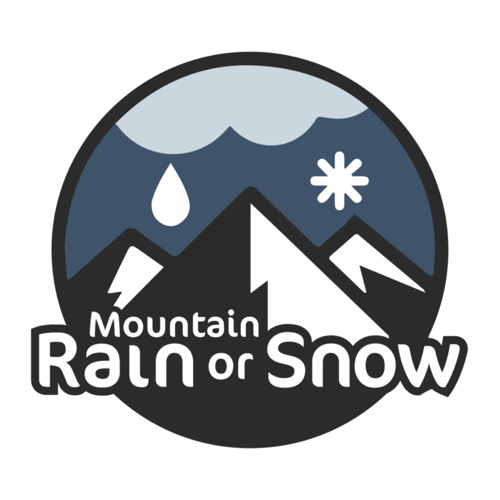 Round logo showing mountains with storm clouds above. One rain drop and one snowflake fill the space between. Image credit: Mountain Rain or Snow 
