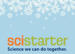 SciStarter logo with snowflakes on a blue background.