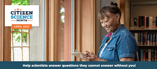 Citizen Science Month graphic showing a Black woman in a sunny home library writing something on a clipboard at the window.