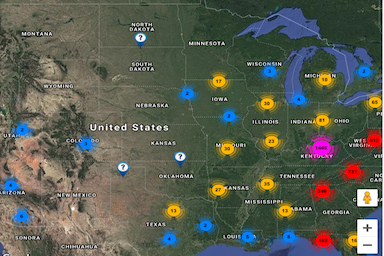 Map of USA showing markers placed by citizen scientists.